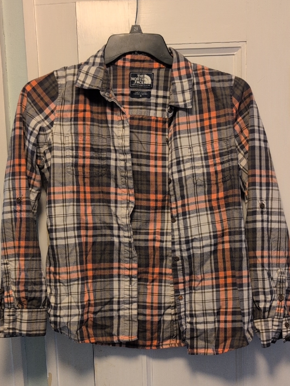 The North Face Orange, Black & White Plaid Button-Down Shirt M